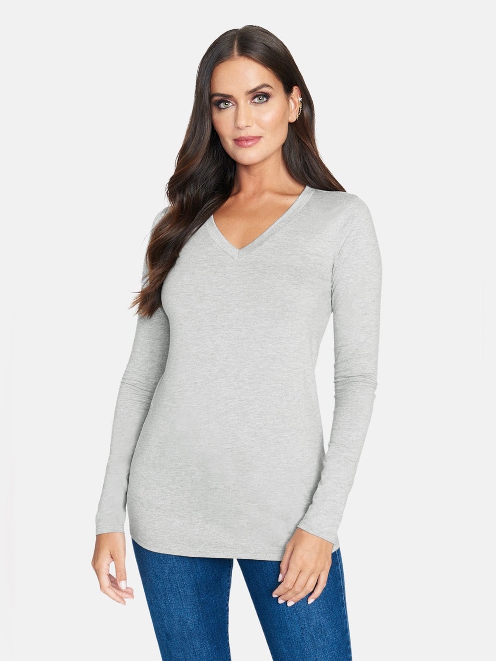 UNIQLO 94% Cotton Grey V-Neck Long-Sleeve Slim Fitted Basic Stretch T-Shirt Sz L